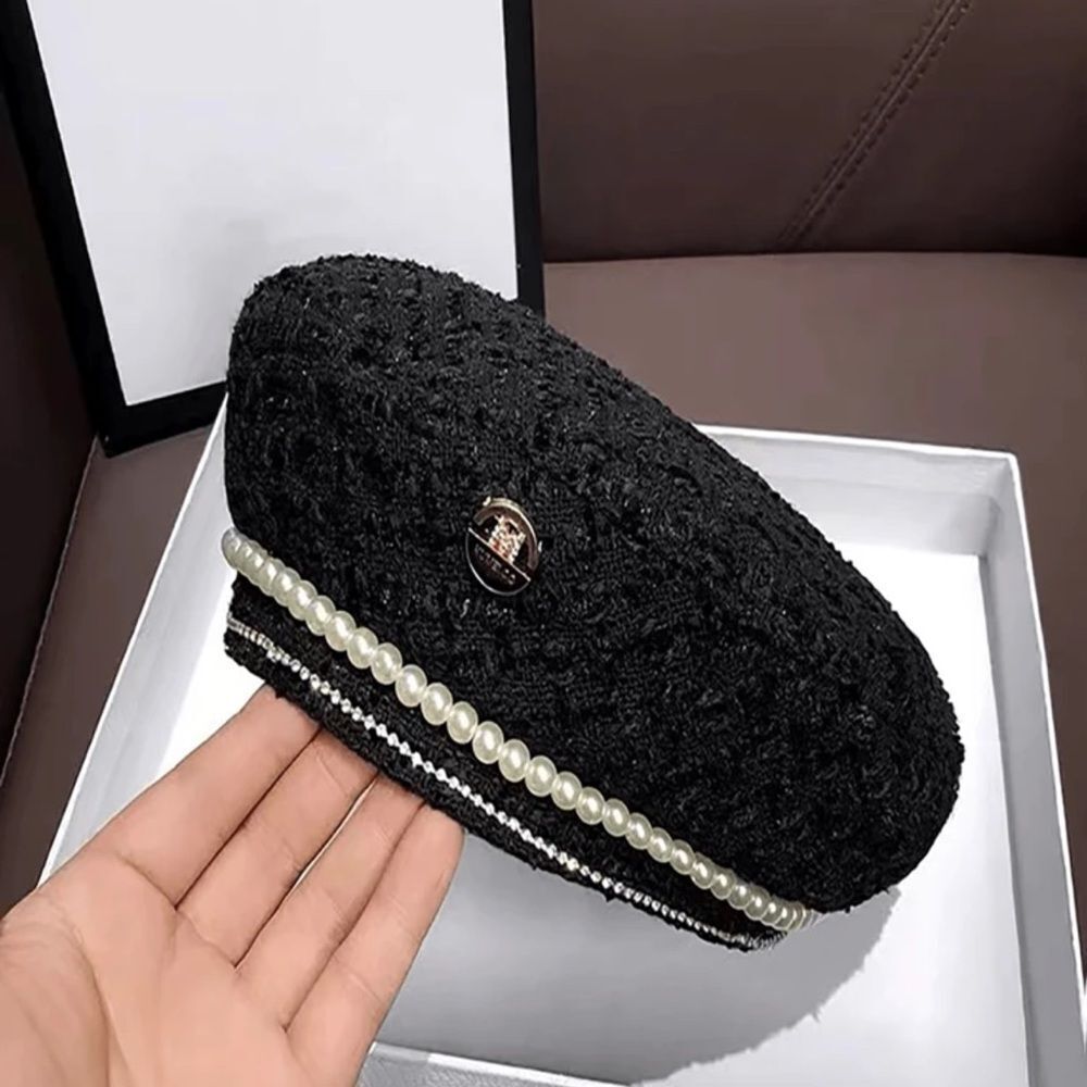 Elegant Black Beret with Pearl & Rhinestone Accents - Picture 7 of 7
